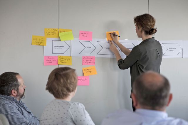 Die Customer Journey umfasst alle Touchpoints eines Kunden mit einer Marke Senior Art Direktorin beschriftet einen Klebezettel und klebt ihn an eine Wand mit Zetteln, die die Phasen der Customer Journey markieren